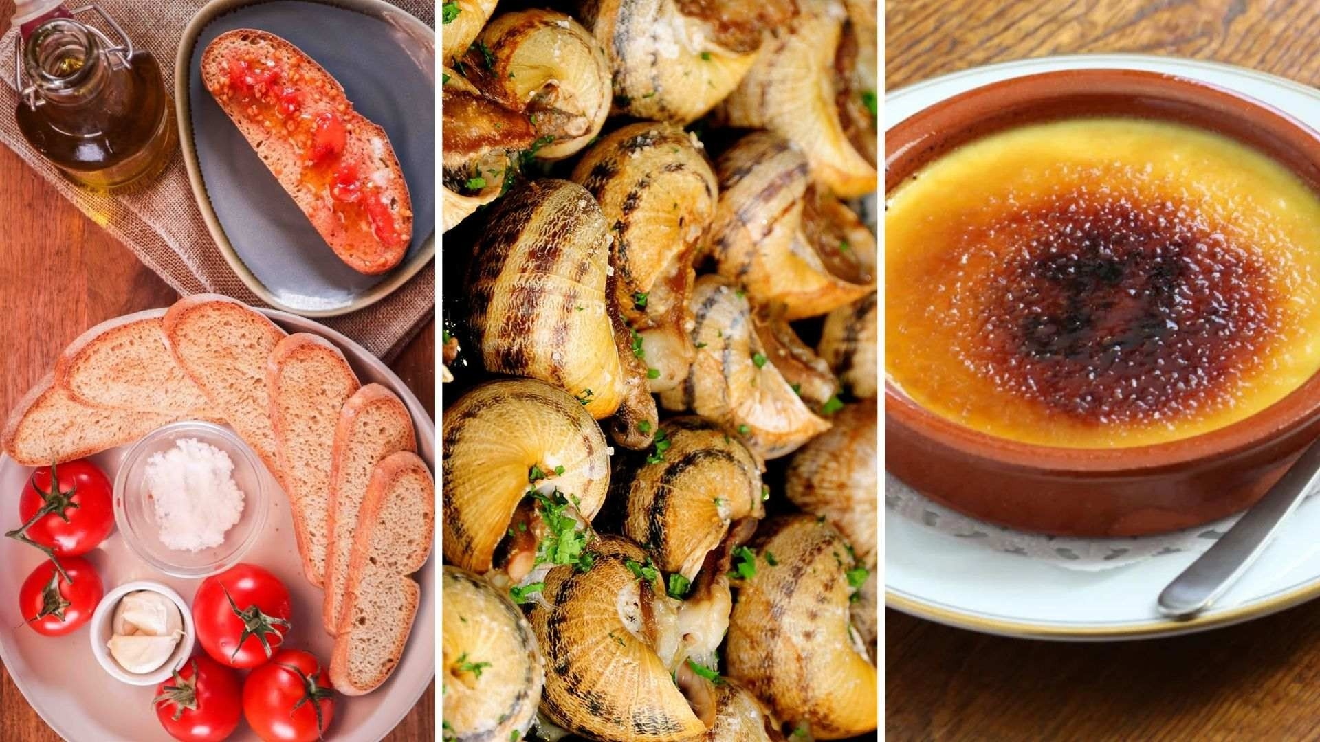 La imatge mostra tres plats típics de la gastronomia catalana: pa amb tomàquet, caragols i crema catalana.