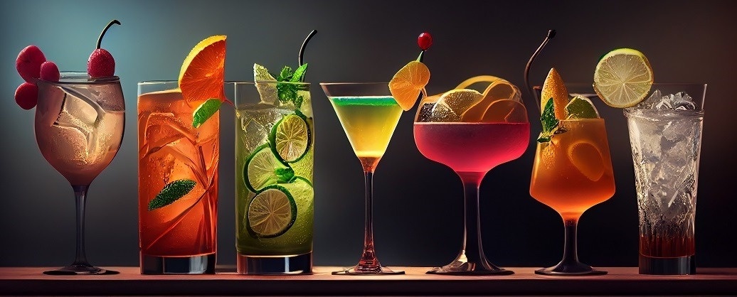a variety of cocktails are lined up on a shelf