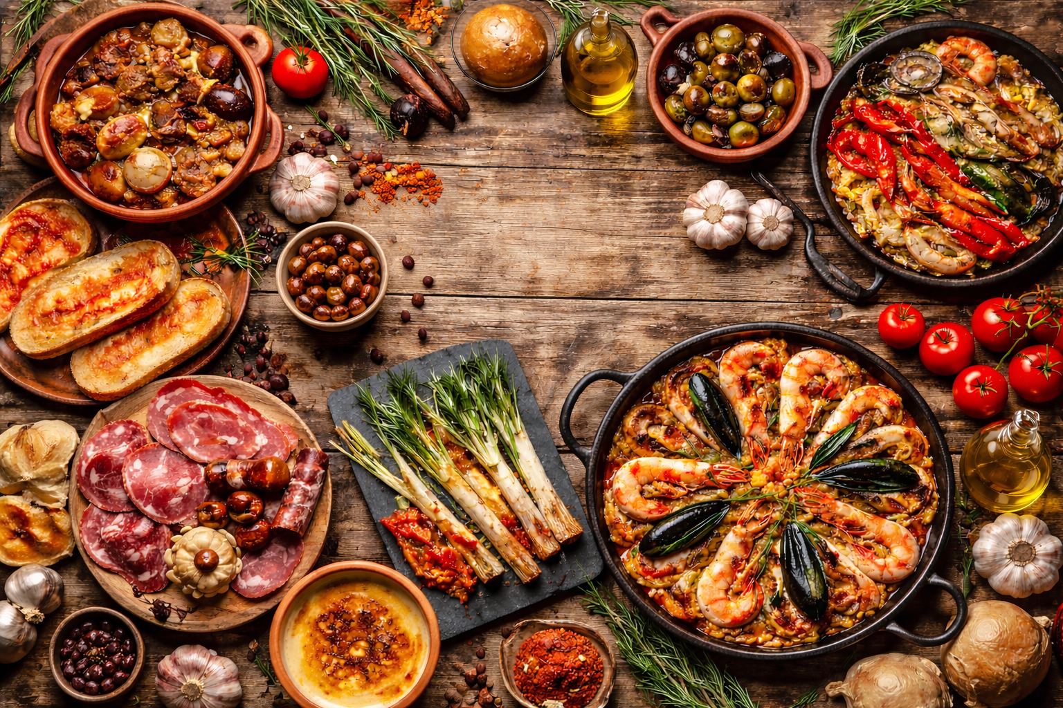 La imatge mostra tres plats típics de la gastronomia catalana: pa amb tomàquet, caragols i crema catalana.