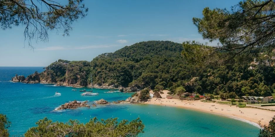 Vista panorámica de una pintoresca cala mediterránea con aguas turquesas, una playa de arena con bañistas y exuberantes colinas boscosas bajo un cielo azul claro.