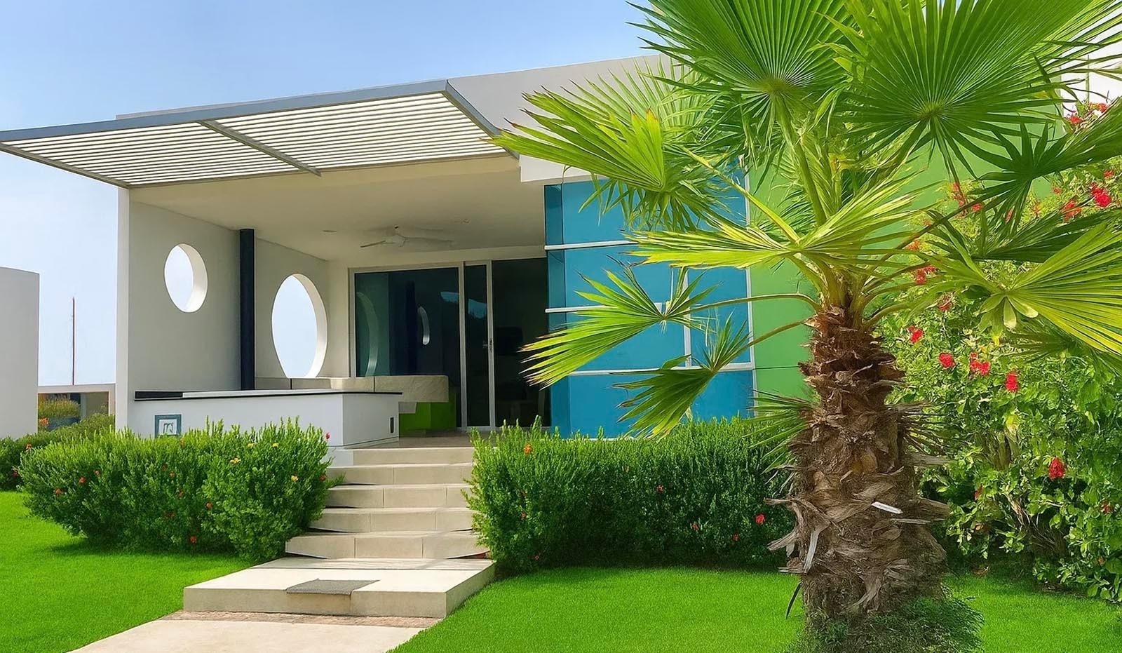 Hotel moderno junto a la Marina Puerto Velero con palmera y jardín exuberante.