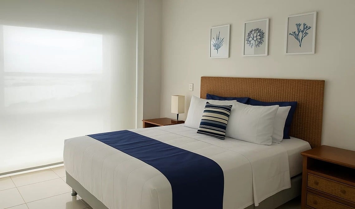 Bedroom with queen bed, blue and white linens, and ocean view at Marina Puerto Velero.