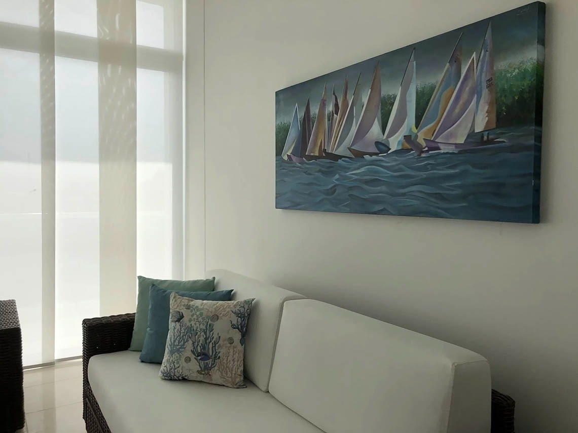 Sailboat canvas in room, Marina Puerto Velero view.