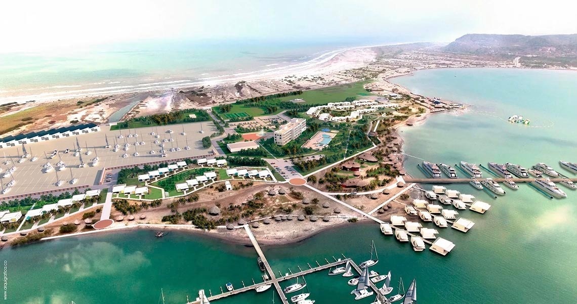 Marina Puerto Velero: luxury seaside resort with villas and yachts.