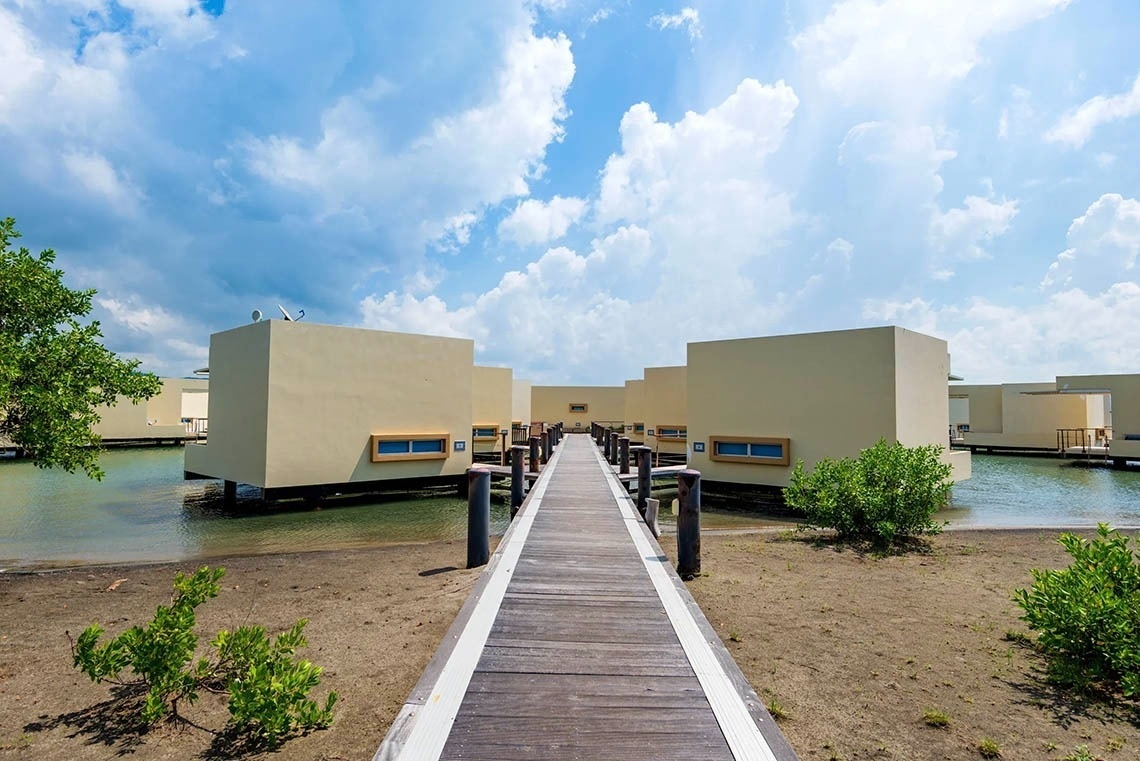 Walkway to overwater bungalows at Marina Puerto Velero.