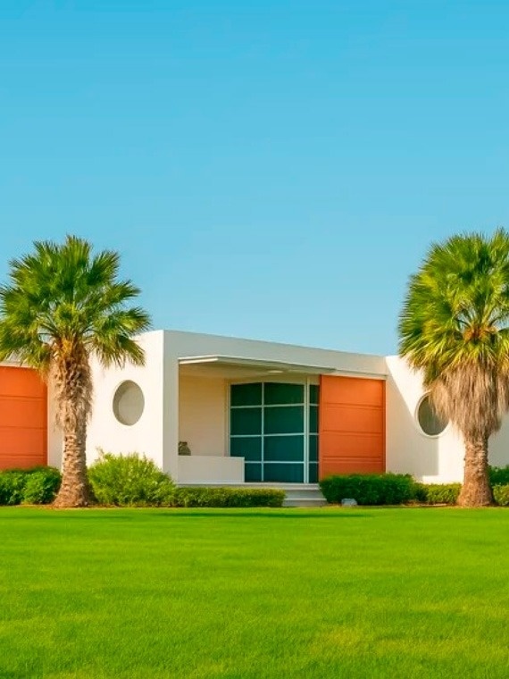 Casa moderna con palmeras, césped verde y cielo azul, cerca de Marina Puerto Velero.
