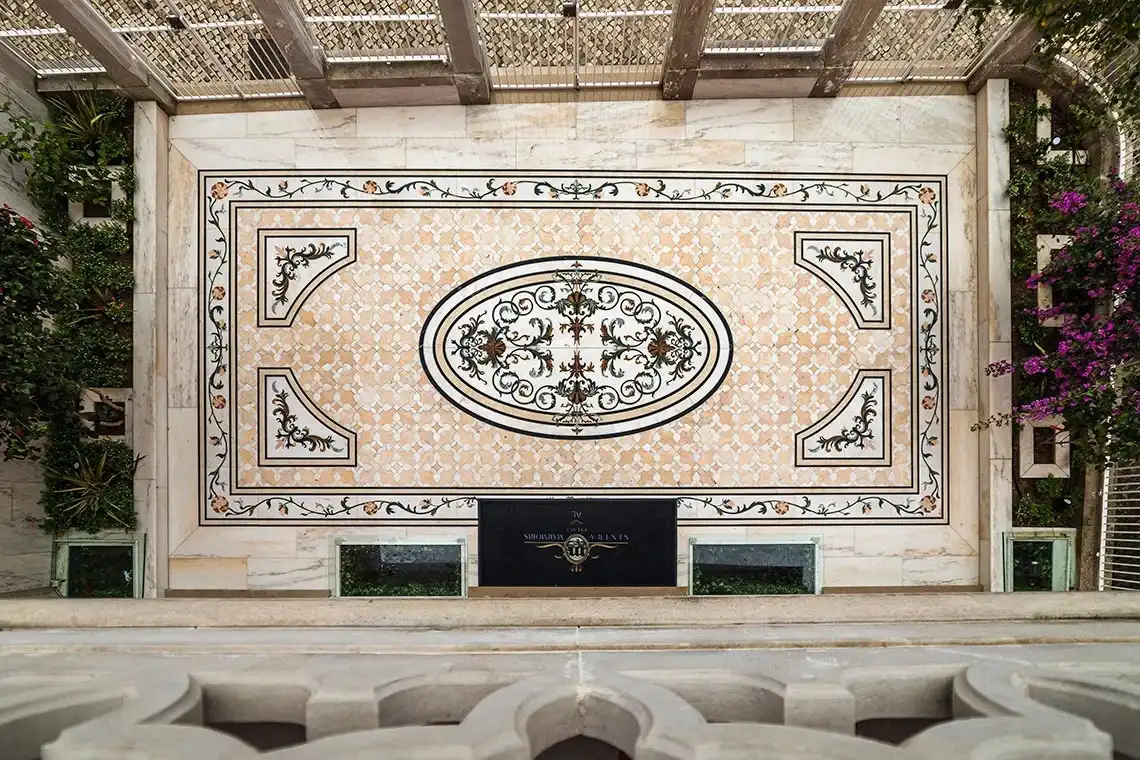 Marmoris Hotels architectural mosaic wall art at a luxury hotel.