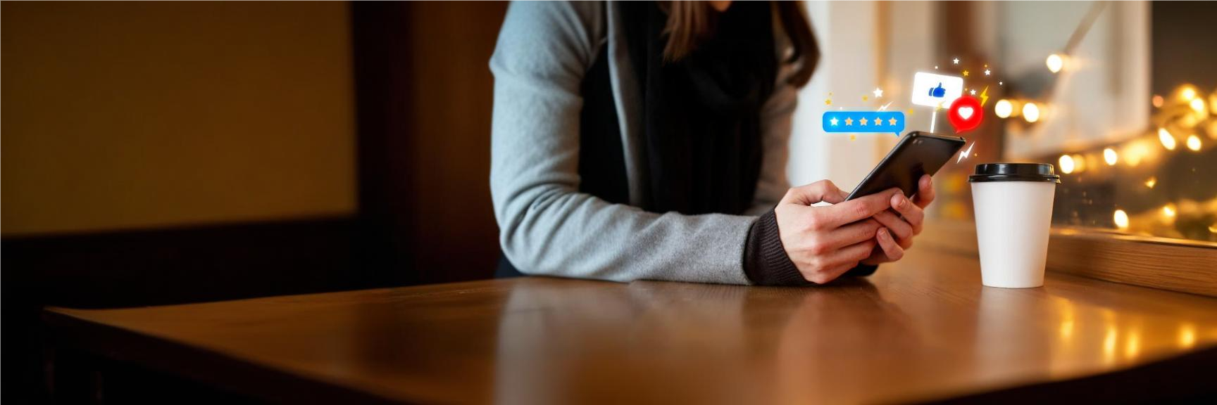 uma mulher está sentada em uma mesa usando um telefone celular e uma xícara de café