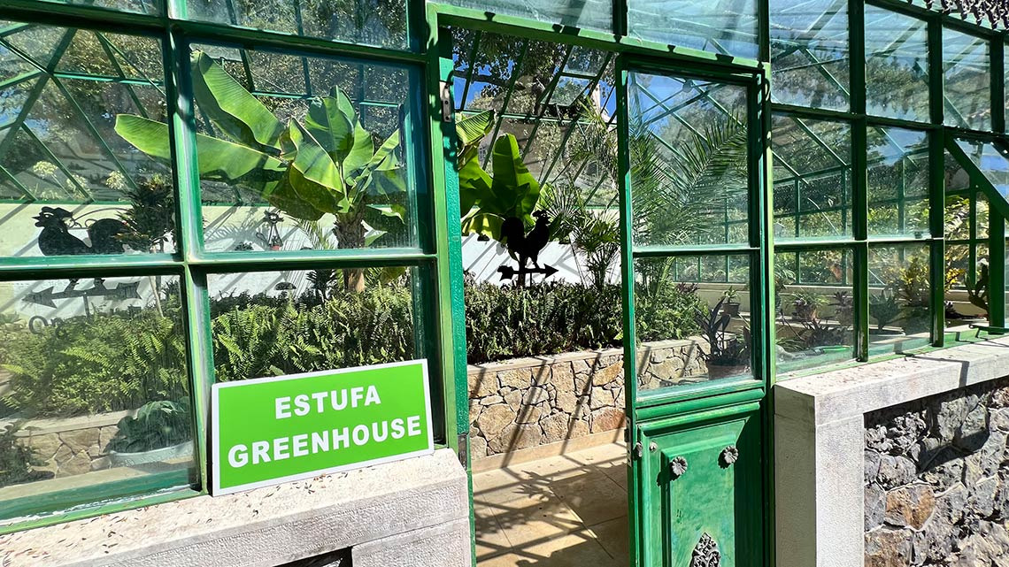 Estufa Marmoris: Corporative com plantas exuberantes e decoração de galo.
