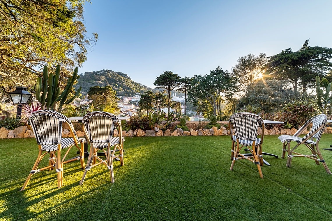a row of chairs and tables on a lush green lawn
