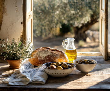 Uma mesa rústica com pão, azeitonas e azeite é vista através de uma janela que se abre para um olival ensolarado.