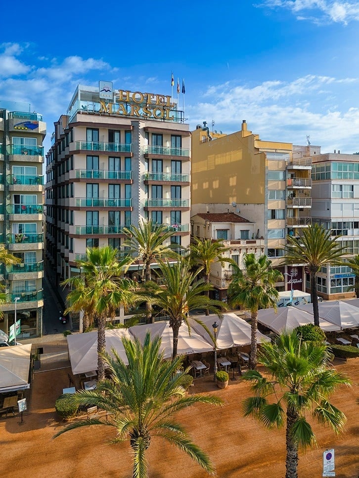 Hotel Marsol | Lloret de Mar: fachada y terraza con palmeras.