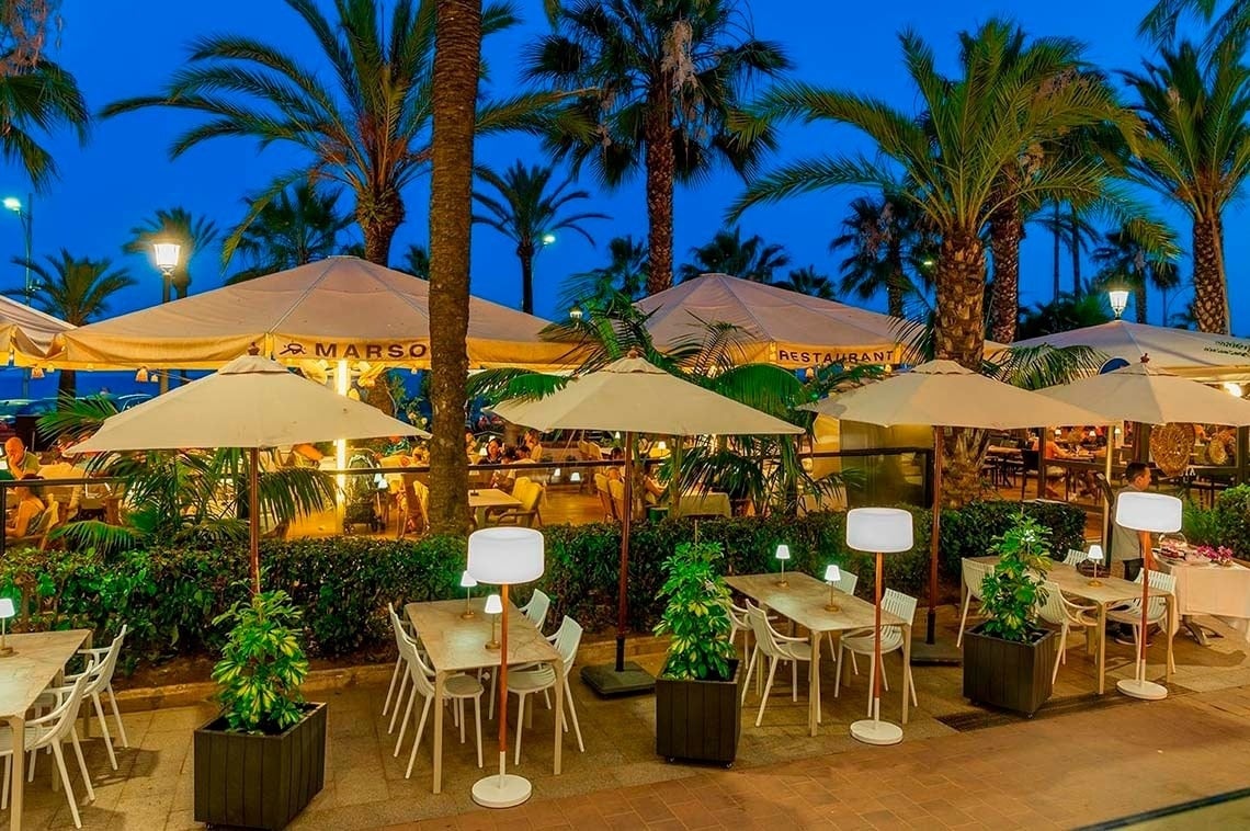 Hotel Marsol: Terraza de restaurante con palmeras y luces acogedoras.