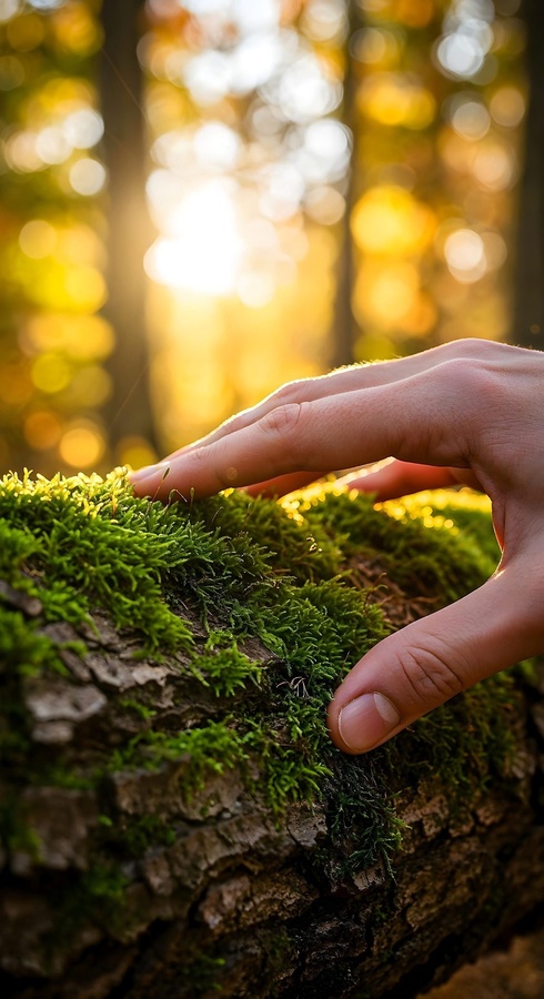 Una mà toca molsa verda en un tronc d'arbre, amb el sol daurat i desenfocat al fons.