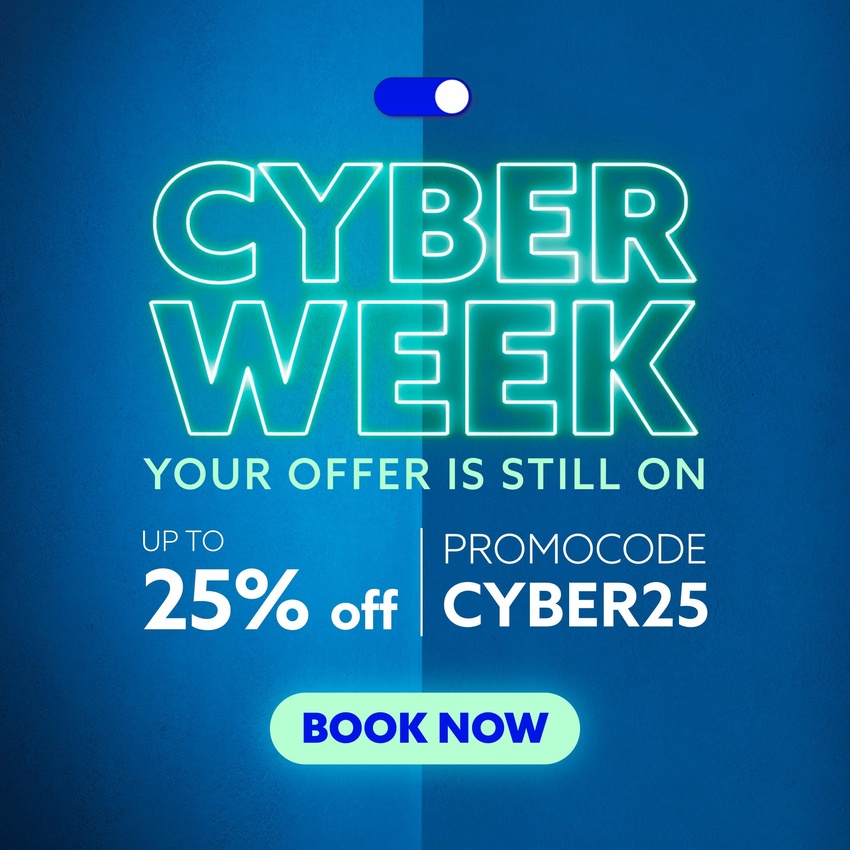 a blue poster that says cyber week your offer is still on up to 25 % off promocode cyber25