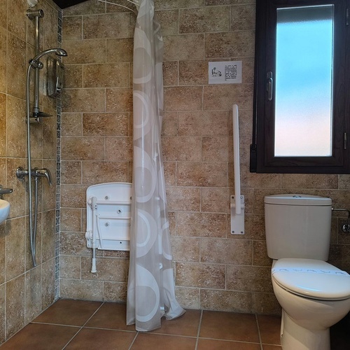 un baño con un inodoro y una cortina de ducha