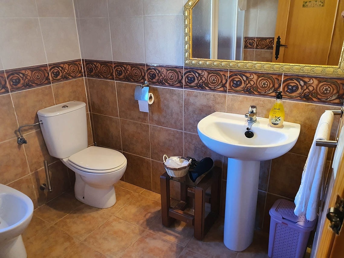 un baño con inodoro , lavabo y jabón de manos