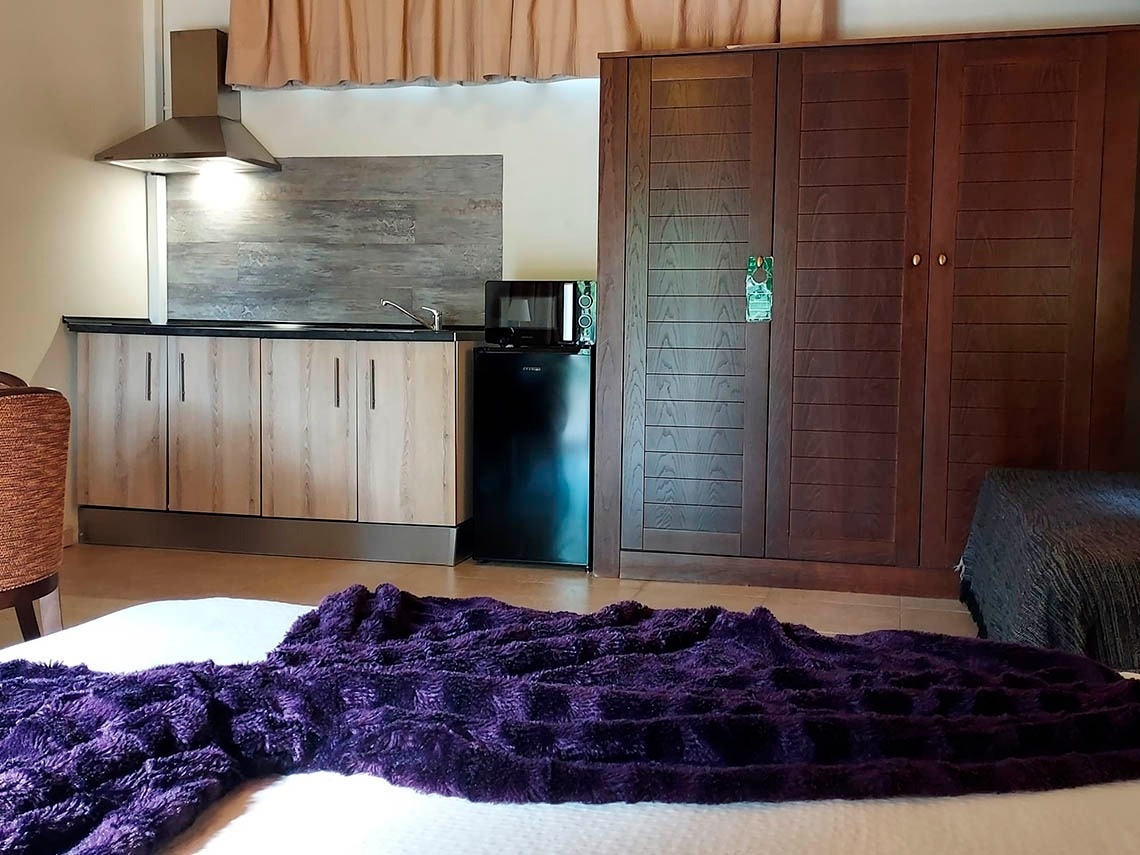 una habitación con una cama y una cocina con un microondas