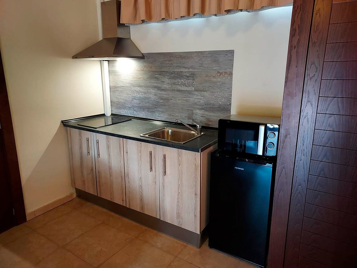 una pequeña cocina con un fregadero y un microondas