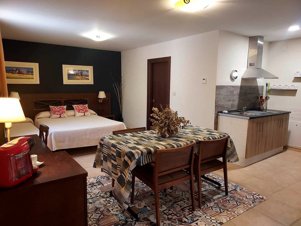 una habitación con una cama y una mesa de comedor