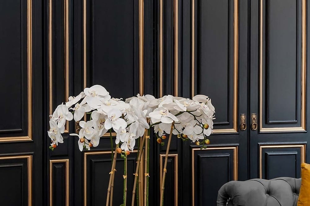 un ramo de orquídeas blancas frente a una pared negra