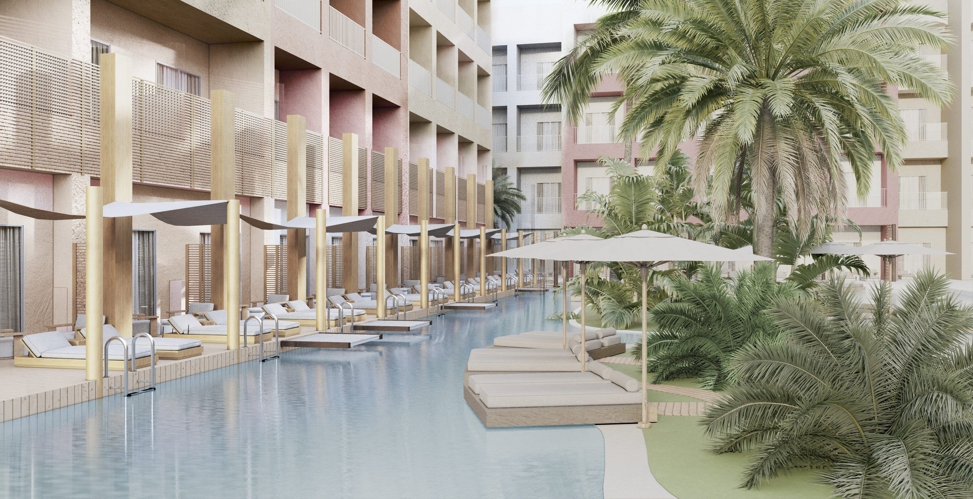an artist 's impression of a hotel with a swimming pool