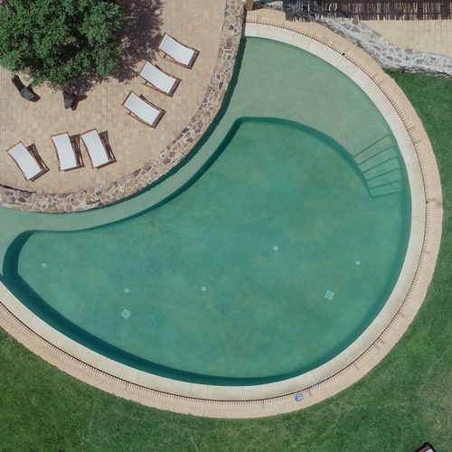 una vista aérea de una piscina con sillas y sombrillas alrededor