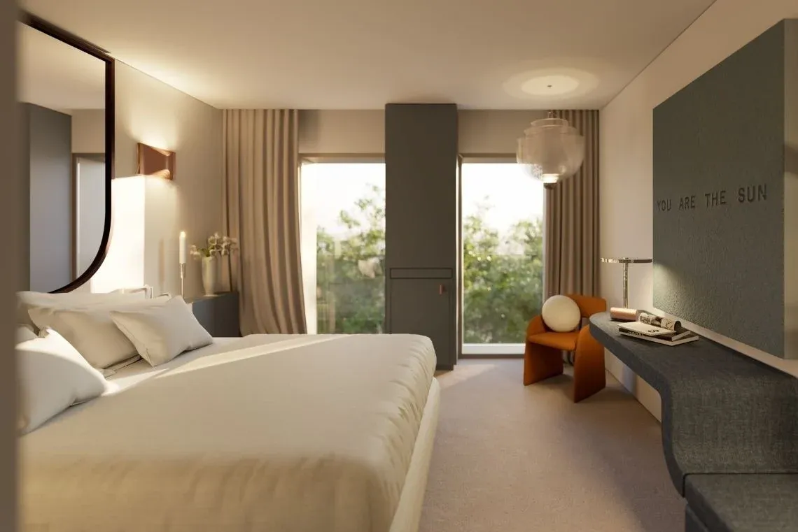 Luxury bedroom with a large bed, modern furniture, and natural light. Moon & Sun: Corpo