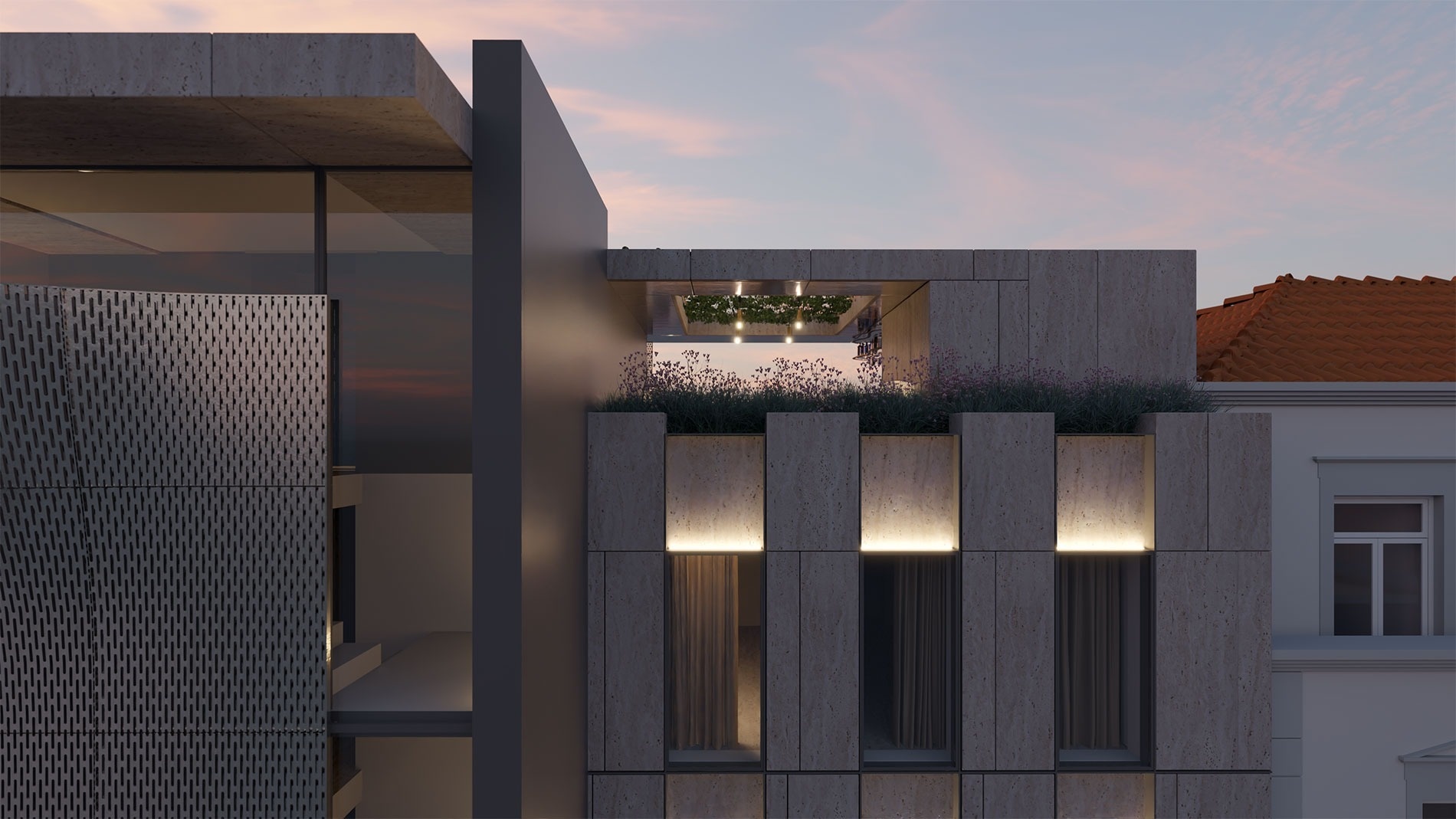 a recepção de um hotel com cadeiras vermelhas e um computador hp