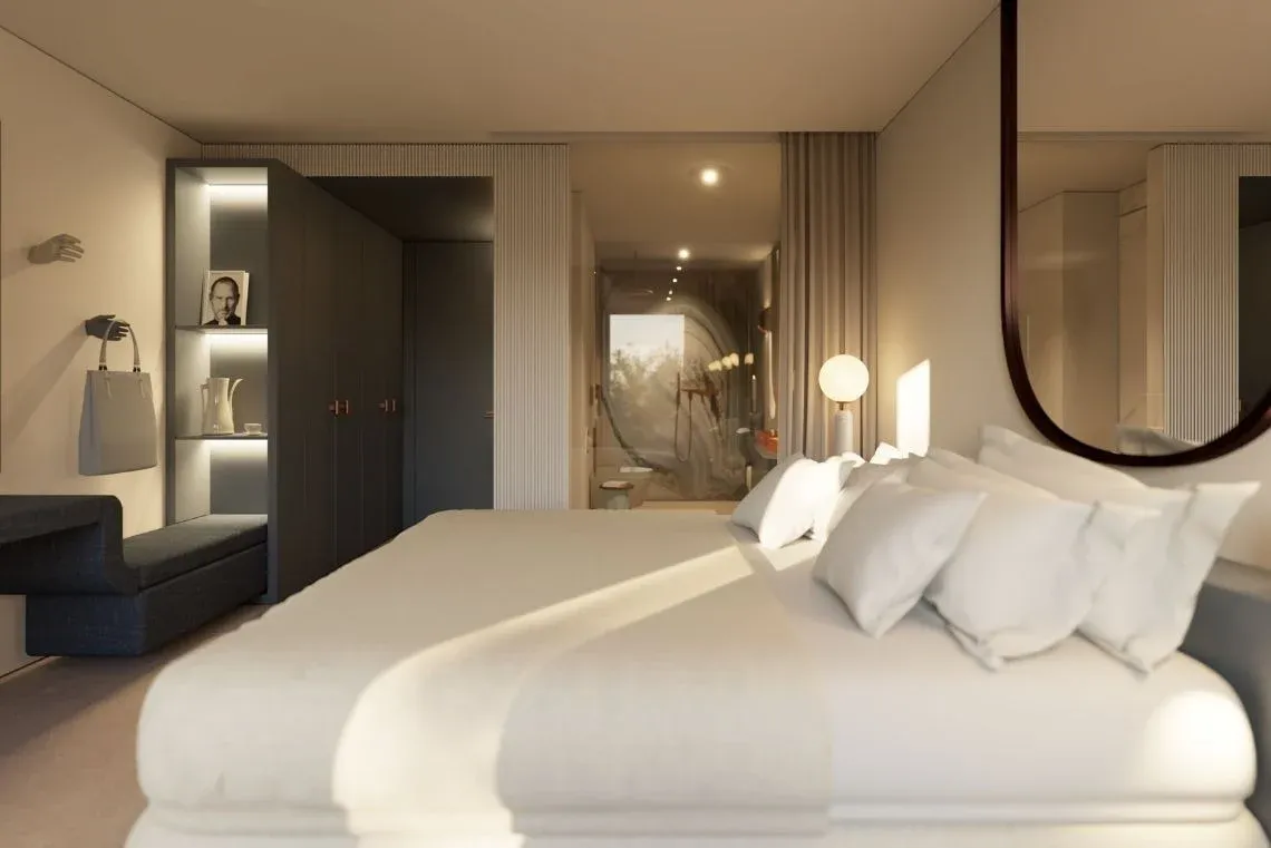 Modern bedroom with a king-size bed, minimalist decor, and a spa-like ensuite bathroom. Moon & Sun: Corpo
