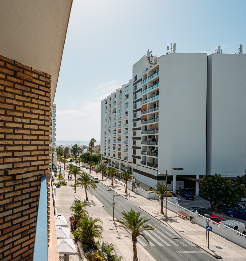 Vista de la calle y edificios con el nombre MS hoteles: Puerto Marina, palmeras y el mar.