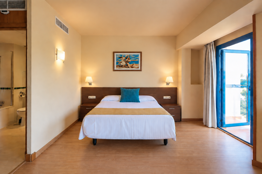 Habitación con cama doble, baño y balcón. MS hoteles: Puerto Marina.