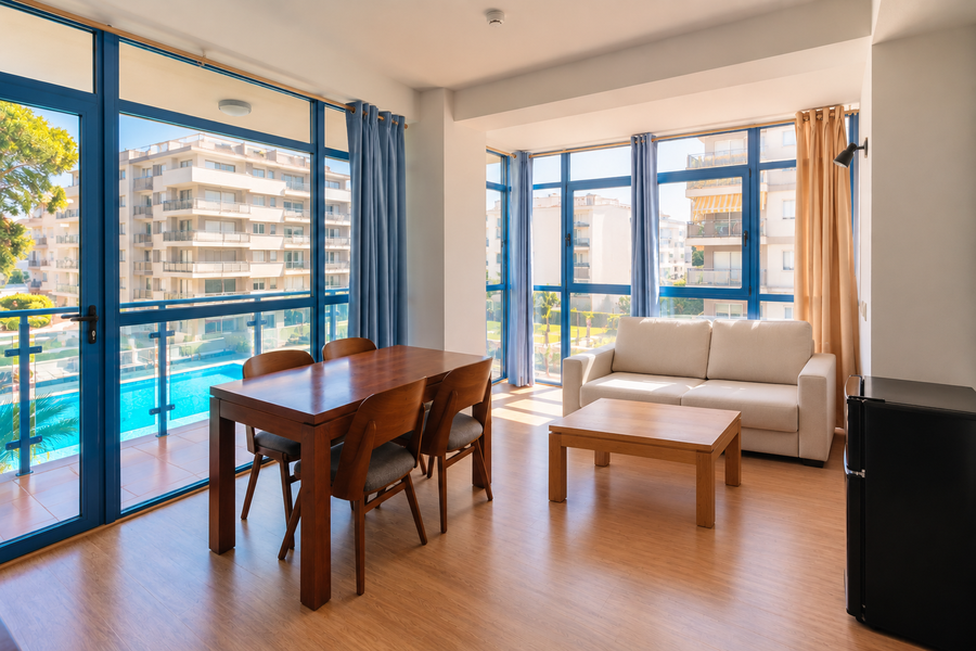 Amplia suite de hotel con vista a la piscina, sala de estar con sofá y mesa de centro, y área de comedor con mesa y sillas. MS hoteles: Puerto Marina