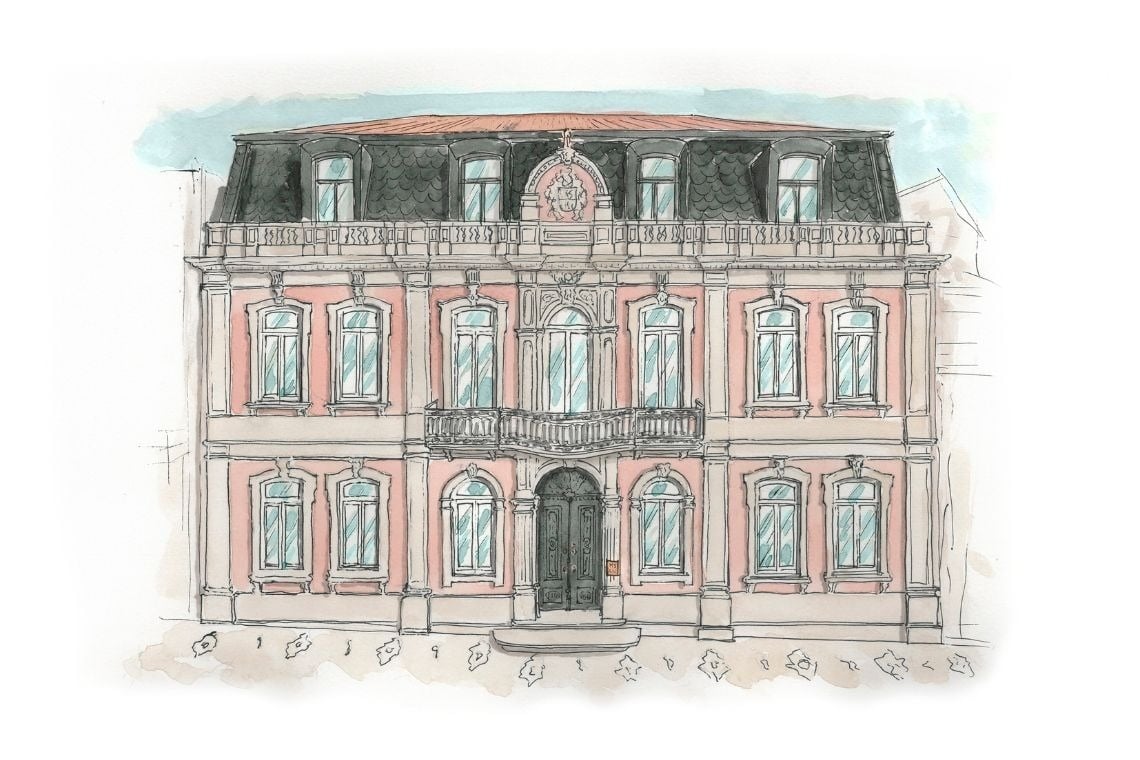 a drawing of a building with many windows and a balcony