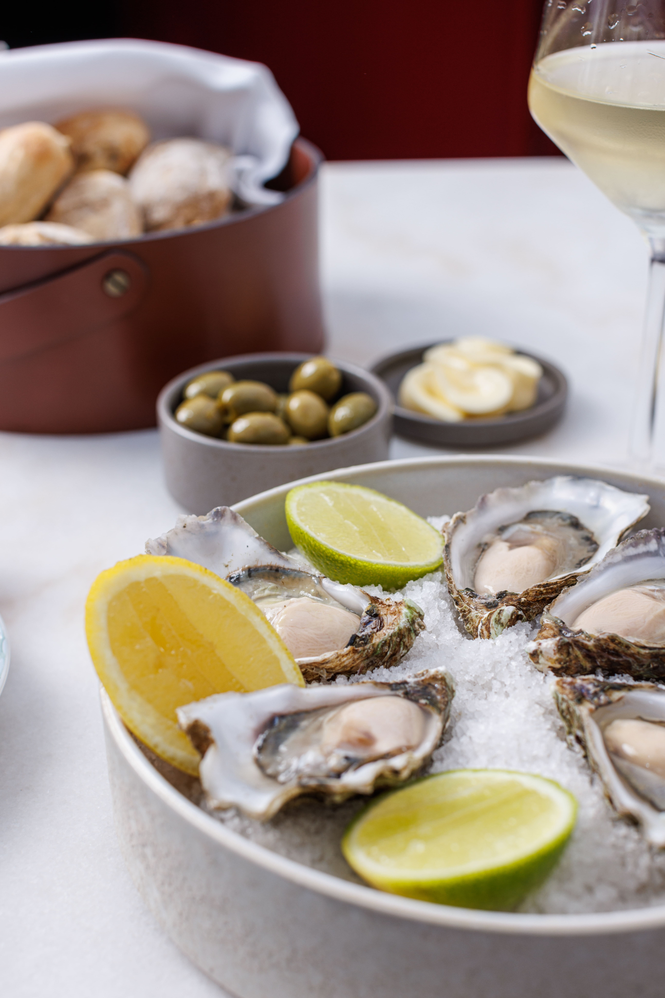 a plate of oysters with lemon and lime slices