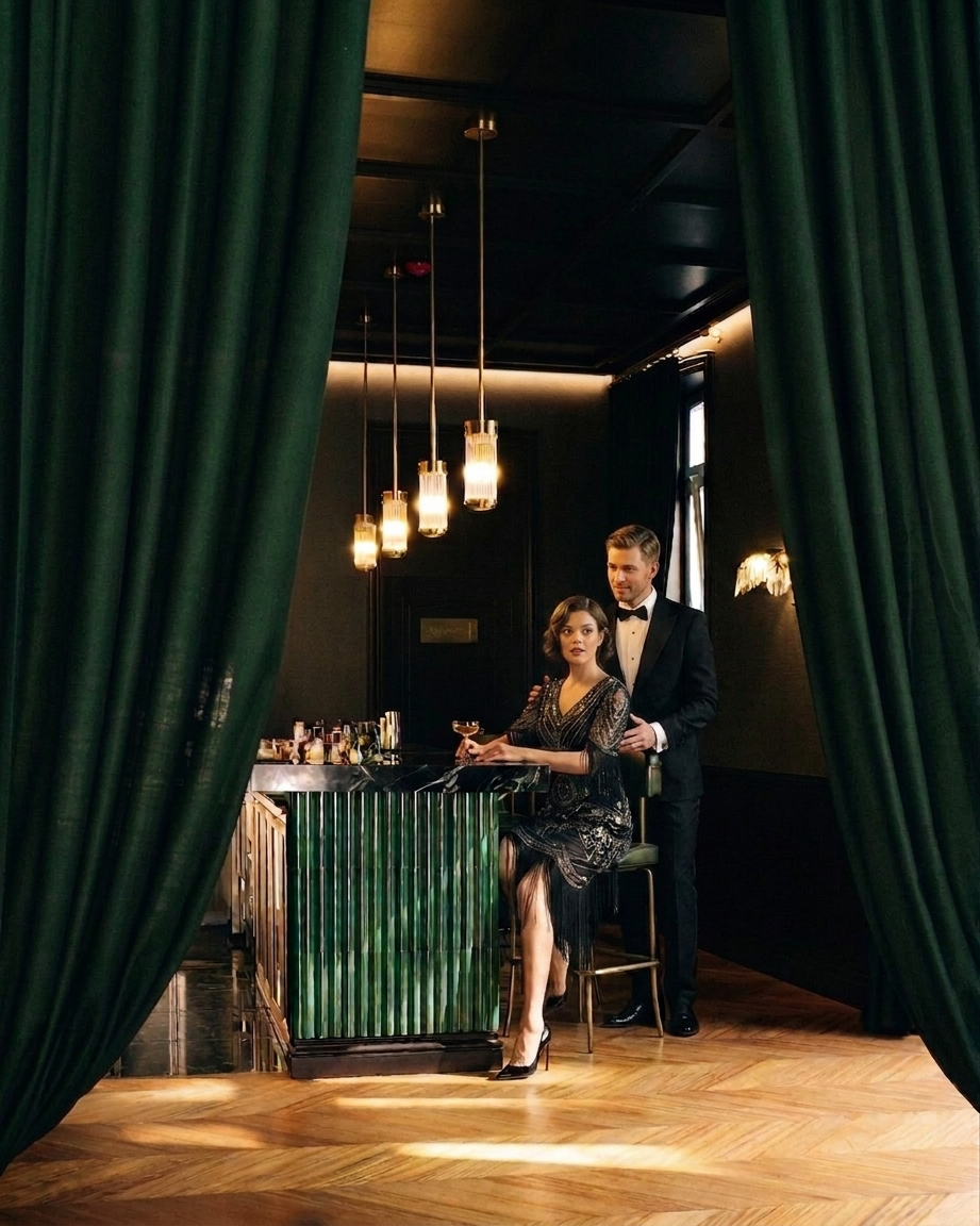 Casal elegante em bar de hotel, MS collection: corpo com lustre de luxo e cortinas verdes.