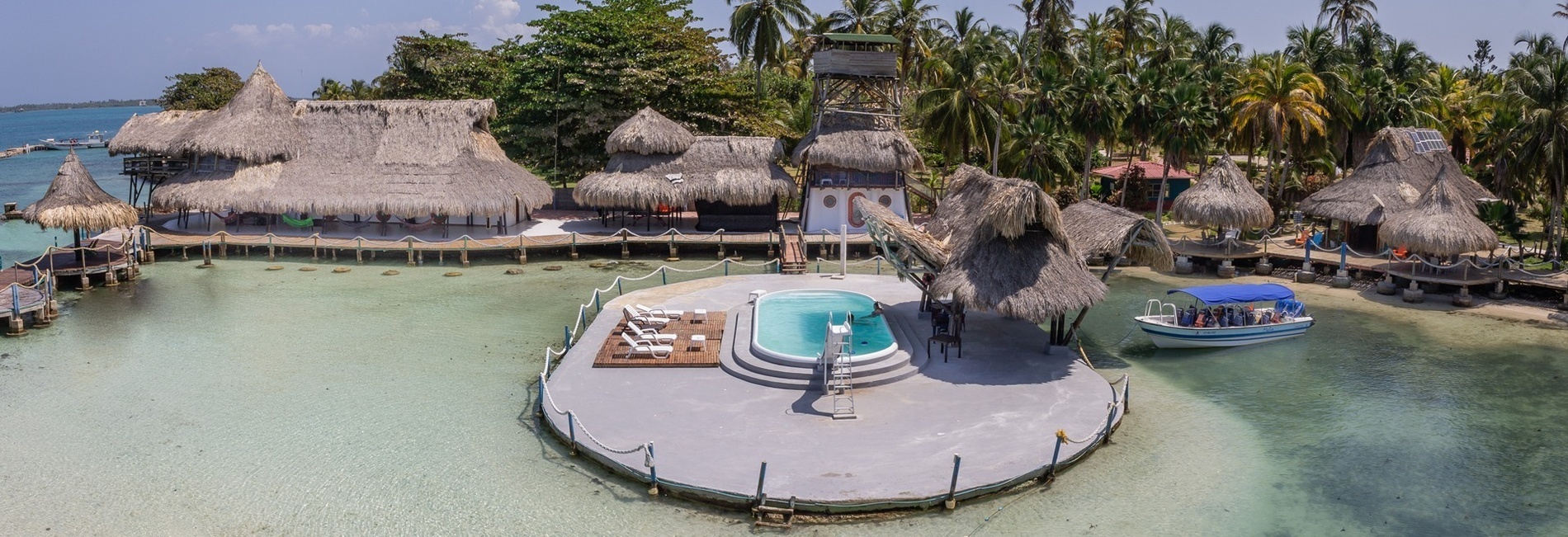 une vue aérienne d' une piscine entourée de palmiers