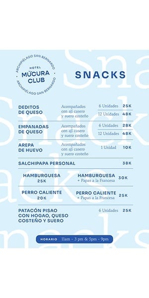 Menú de snacks del Hotel Mucura Club: deliciosos bocados y patacones.