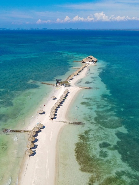 una playa con muchos sombrillas y un edificio en la distancia