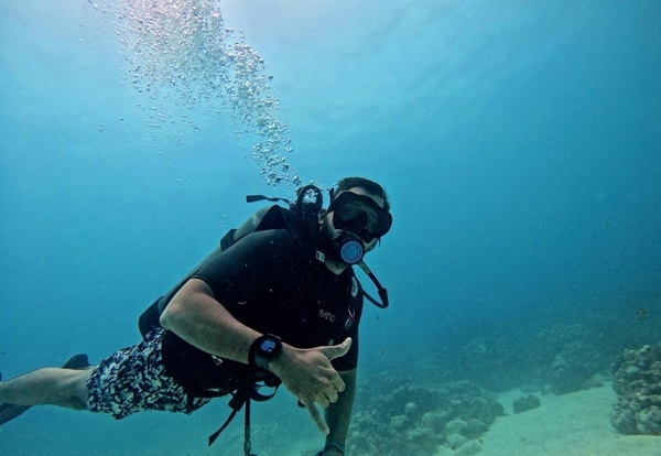 a scuba diver is swimming over a coral reef