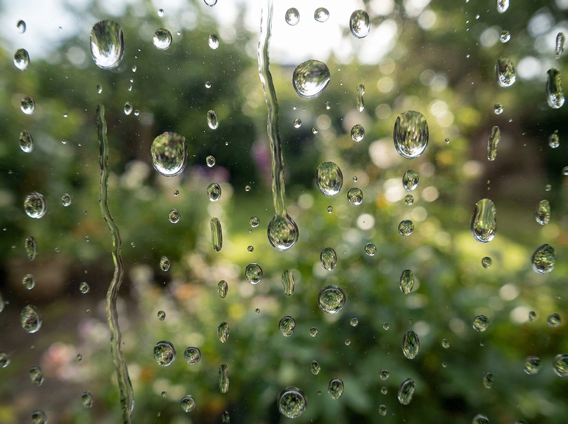Gotas de chuva no vidro com vista para jardim Nattivo Collection Hotel.