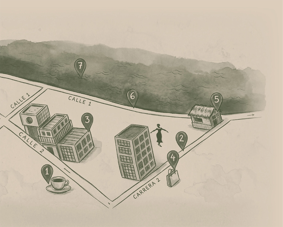 Mapa ilustrado de um bairro com pinos marcando locais.Nattivo Collection Hotel