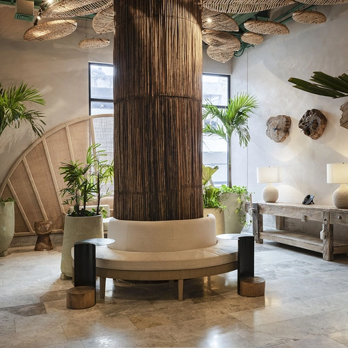 Recepción de hotel con estilo tropical, sala de espera y Nattivo Collection Hotel natural.