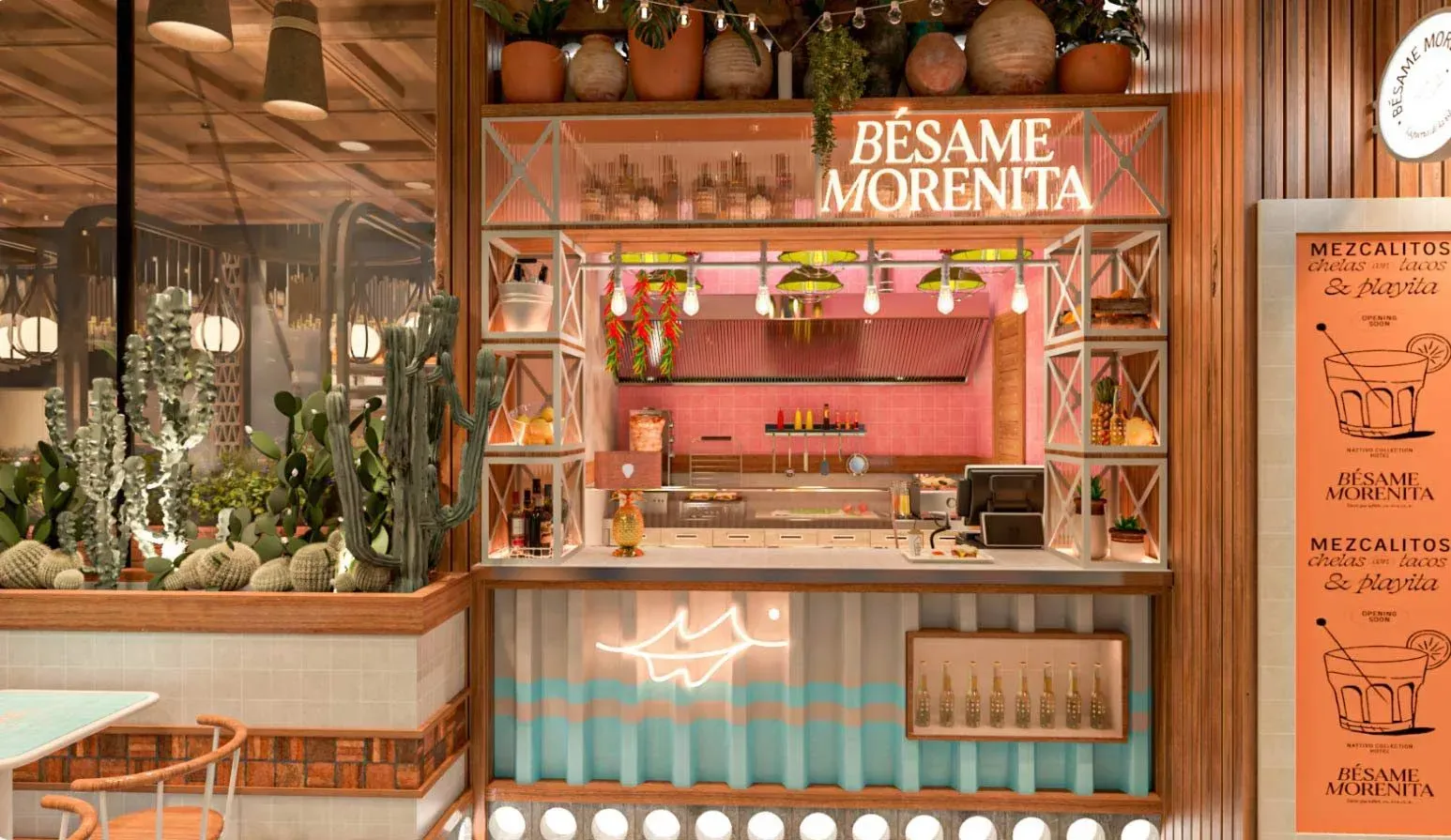 Bar de hotel Bésame Morenita con temática mexicana y cactus. Nattivo Collection Hotel