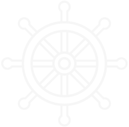 um ícone branco de um volante de navio em um fundo preto .