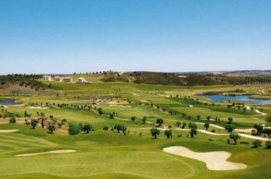 an aerial view of a golf course with a house in the background