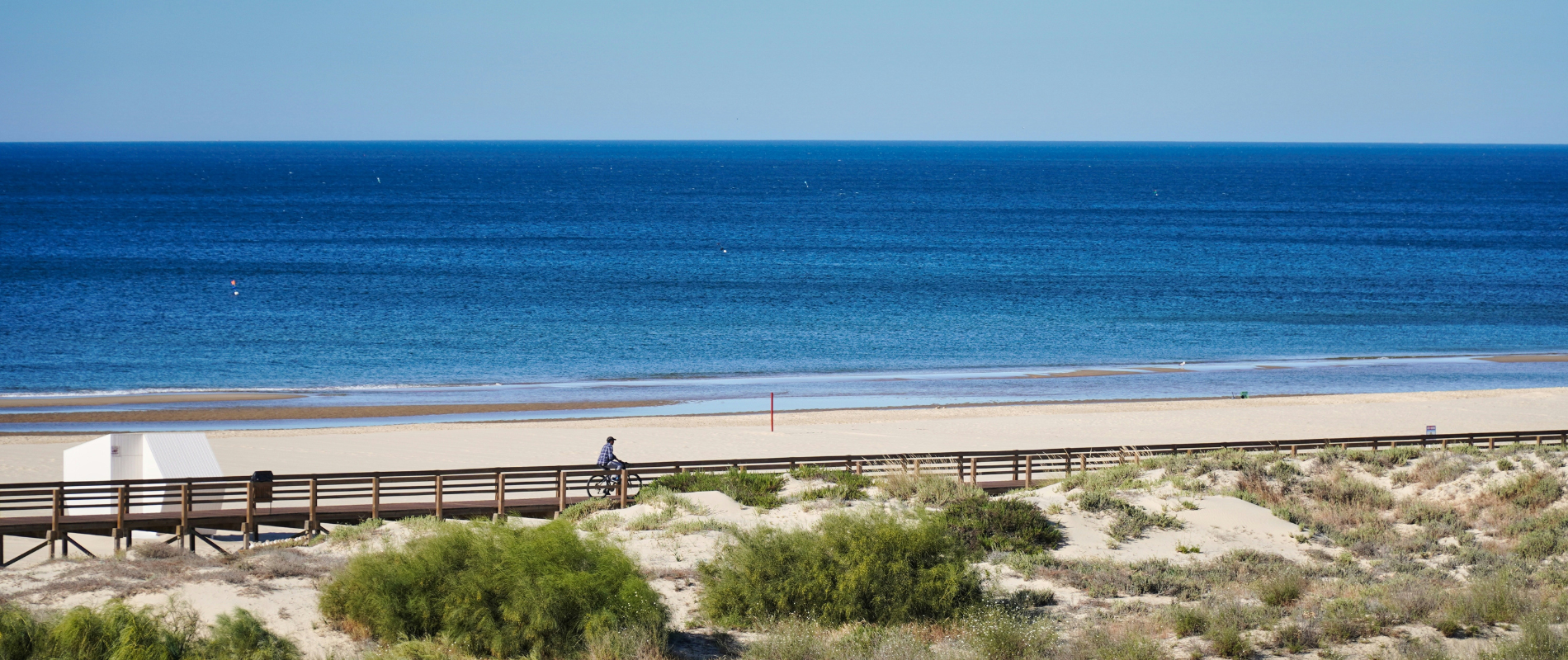 un hombre monta una bicicleta a lo largo de un paseo marítimo en la playa