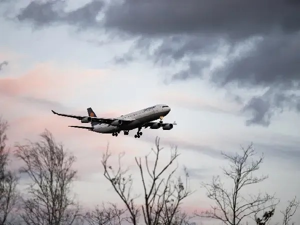 um avião com a palavra air canada ao lado de algumas árvores