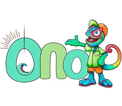 a cartoon chameleon giving a thumbs up next to the word onoi