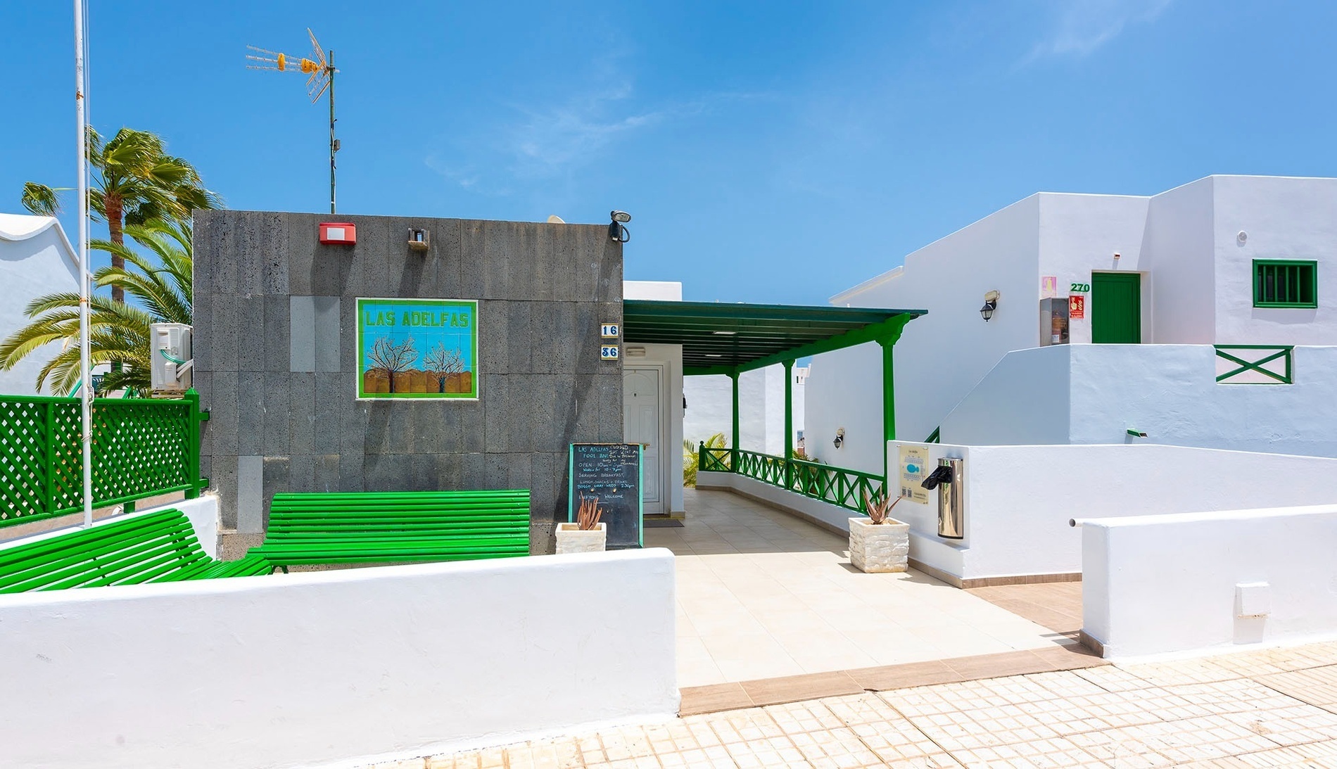 Liegestühle und Sonnenschirme umgeben einen großen Swimmingpool